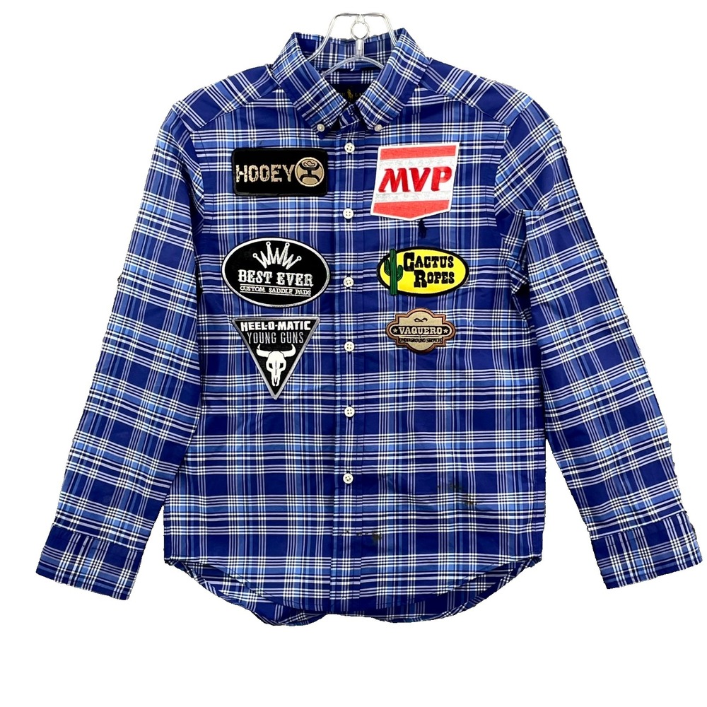 Ralph Lauren Performance Shirt Boys Medium 10-12 Blue Plaid Button Down Rodeo